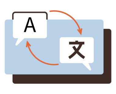 Farklı dillerde yazılmış metni olan iki konuşma kabarcığı eğri oklar kullanarak çeviri veya iletişimi temsil ediyor. Küreselleşme için ideal, çok dilli öğrenme, dil uygulamaları
