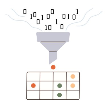Yapılandırılmış bir tabloda gösterilen kategorize verilere ikili kod işleme hunisi. Veri işleme, makine öğrenme, analiz, organizasyon, teknoloji, yapay zeka, bilgi yönetimi için idealdir. Düz