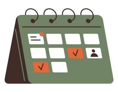 Görev simgeleri, kontrol işaretleri ve vurgulanmış bir olay ile birden fazla gün gösteren yeşil masa takvimi. Planlama, organizasyon, üretkenlik, zaman yönetimi, atamalar, hatırlatıcılar için ideal