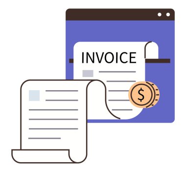 Kağıt makbuzla dijital arayüzde gösterilen fatura ve ödemeyi sembolize eden para. Finans, muhasebe, fatura, fatura, online ödemeler, muhasebe, e-ticaret için ideal. Düz renk simgesi
