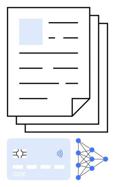 Bir yığın kağıt, temassız sembollü kredi kartı, sinirsel ağ şeması. Fintech, AI, dökümantasyon, veri güvenliği, teknoloji, makine öğrenme otomasyonu soyut çizgisi için ideal