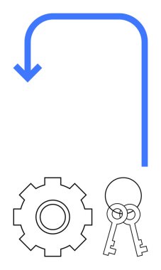 Mavi kavisli ok dişlilere ve çapraz tuşlara bağlı, sistemleri, yönü ve güvenliği temsil ediyor. Siber güvenlik, yenilik, mekanizmalar, strateji, navigasyon sadeliği için ideal