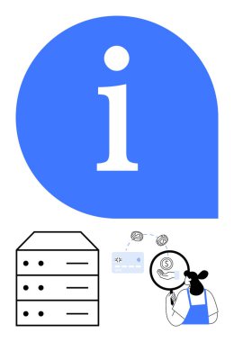 Büyüteçle finansal verileri analiz eden kadın, büyük bilgi ikonu, veritabanı sunucusu. Veri analizi, mali denetim, veritabanı yönetimi, bilgi alımı ve araştırma için ideal