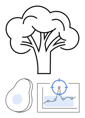 Minimalist ağaç, avokado meyvesi ve odak noktası olan veri grafiği. Sürdürülebilirlik, sağlık, doğa, analitik, refah, çevre dostu yaşam ve çevre bilinci için idealdir. Soyut satır düzlüğü