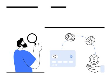 Kredi kartını büyüteçle inceleyen adam para transferini gösteren oklar, el ele tutuşan bozuk paralar. Mali analiz, bankacılık, para işlemleri, çevrimiçi ödeme, güvenlik, dolandırıcılık için ideal