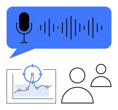 Ses dalgalı mikrofon, hedef odaklı veri tablosu ve kullanıcı simgeleri. Teknoloji, yapay zeka, analitik, takım çalışması, ağ oluşturma, ses işleme ve soyut çizgi düz metaforu için ideal