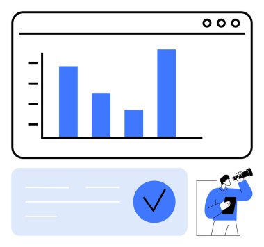 Çubuk grafiği, mavi işaretli veri canlandırma ekranı ve teleskop kullanan kişi. İş analizi, veri takibi, proje onayı, mali inceleme, ilerleme raporlaması, hedef