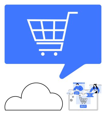 Bulutların üstündeki mavi konuşma balonunda alışveriş arabası ve online alışveriş için dizüstü bilgisayar kullanan insanlar, dijital perakendeciliği simgeliyor. Çevrimiçi mağazalar, e-ticaret platformları, dijital pazarlama, ürün için ideal