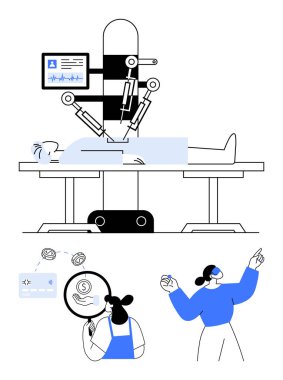 Cerrah, tıbbi ekipman arayüzü olan bir hastayı ameliyat ediyor. Büyüteç muayenesi, kredi kartı, finansal sembol, veri analizi. Tıbbi yenilik, finans, teknoloji, analiz için ideal