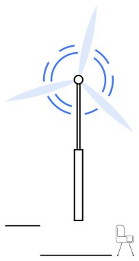 Dönen bıçaklı rüzgar türbini, soyut hareket çizgileri ve modern sandalye. Çevre dostu tasarım, yenilenebilir enerji kavramları, yenilik, temiz teknoloji, yeşil yaşam, sürdürülebilirlik için ideal