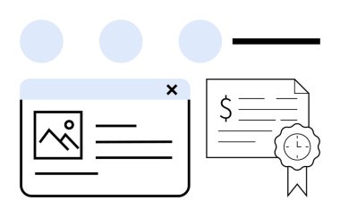 Görüntü ve metin içeren web içeriği düzeni, üç dairesel unsur, mühürlü mali belge. Belge yönetimi, web tasarımı, finans hizmetleri, sertifika, işletme onayı için ideal