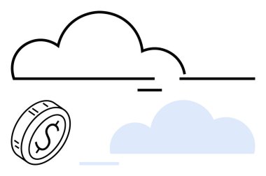 Üzerinde dolar işareti olan tek bir madeni para, siyah ve mavi bulut çizgilerinin yanında. Fintech, bulut hizmetleri, çevrimiçi depolama, ekonomi, dijital yenilik, tasarruflar, soyut çizgi düz metaforu için ideal