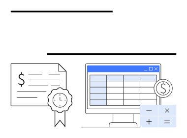 Finansal sertifika, kurdele, saat, hesap çizelgeli bilgisayar ekranı, hesap makinesi simgeleri. Finansal planlama, muhasebe, bütçe, zaman yönetimi maliyet analizi iş eğitimi için ideal