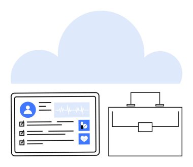 Tıbbi kayıtları ve sağlık simgelerini gösteren tablet büyük bulut arkaplanlı bir evrak çantasının yanında. Sağlık hizmetleri, veri güvenliği, dijital depolama, uzaktan erişim, bulut hesaplama, iş hayatı için ideal