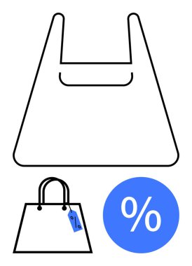 Bir dolarlık sembol ve fiyat etiketli alışveriş torbası ve taslak. Satışlar, perakende pazarlama, indirimler, promosyonlar, alışveriş etkinlikleri, e-ticaret, özel teklifler için ideal. Soyut satır düzlüğü