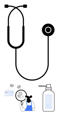 Stetoskop, sağlık uzmanının üstünde büyüteç, göz çizelgesi ve el dezenfektanı şişesiyle verileri inceliyor. Tıbbi bakım, hijyen, veri analizi, sağlık, tanı ve araştırma için ideal