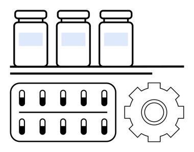 İlaç şişeleri, hap şişeleri ve sağlık, ilaç, yenilik ve gelişimi sembolize eden teçhizat. Bilim, üretim, araştırma teknolojisi ve soyut çizgi için idealdir.