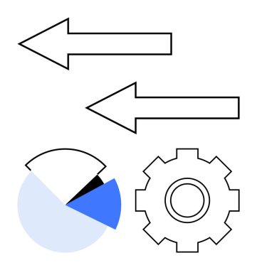 Hareketi simgeleyen iki ok, veri bölümünü vurgulayan pasta grafiği ve süreci temsil eden teçhizat. Veri akışı, iletişim, analiz, süreç optimizasyonu, takım çalışması, planlama için ideal