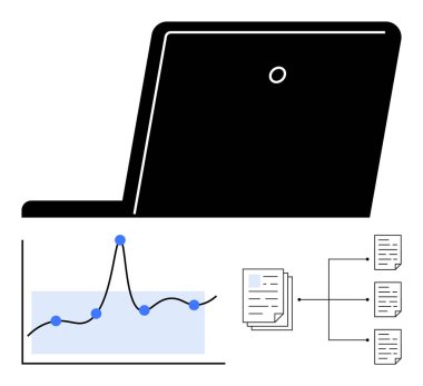 Bilgi noktalarıyla dizüstü bilgisayar çizgisi grafiği organize belgeler. Dijital analiz, iş, teknoloji, üretkenlik, veri bilimi, bağlantı, organizasyon için idealdir. Satır metaforu