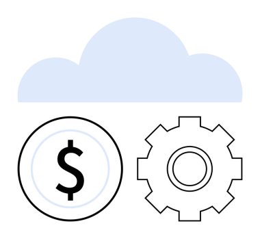 Bir dişlinin üstündeki bulut ve dolar madeni paralar finansal sistemlerde, otomasyonlarda ve bulut hesaplamalarında yenilikleri ön plana çıkarıyor. Fintech, bulut hizmetleri, teknoloji yönetimi, tasarruf, yatırım, modern