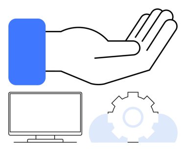 Açık el, bilgisayar ekranı ve bir bulutun içindeki teçhizat. Teknoloji desteği, bilişim hizmetleri, müşteri bakımı, hizmet odaklı endüstriler, dijital yenilikler için ideal. Çizgi