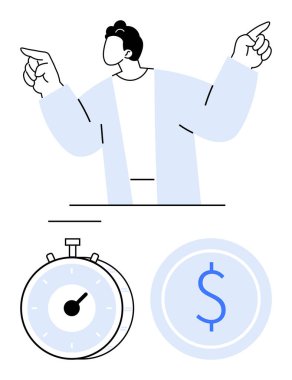 Kişiler özgüvenle el kol hareketleri, kronometre okuma süreleri, dolar sikkeleri finansal odak noktalarını belirler. Zaman yönetimi, karar verme, finans, öncelik, üretkenlik, motivasyon için ideal