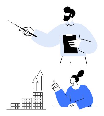 Elinde panoyla ileri bakan bir kadın, yukarı doğru oklu binaların büyüme grafiklerini tartışan bir kadın. Ticari büyüme, takım çalışması, iletişim, liderlik, veri analizi ve planlama için ideal