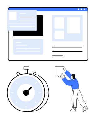 İçerik blokları ile dijital arayüz, zaman stratejisi için kronometre, görev kartını yerleştirmeye çalışan kişi. Proje planlaması, takım çalışması, üretkenlik, zaman yönetimi, son teslim tarihi için ideal