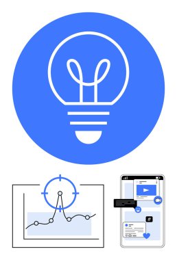 Ampul yaratıcılığı sembolize eder, grafik analitik gösterir, cihaz sosyal medya bağlantısını gösterir. Yenilik, strateji, pazarlama, yaratıcı düşünce, teknoloji, araştırma soyut çizgisi için ideal