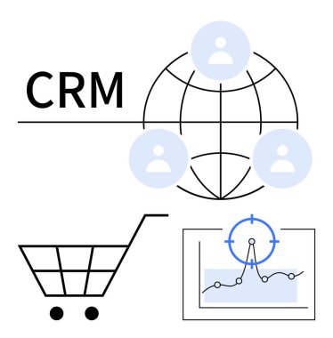 Dünya üzerindeki kullanıcıları birbirine bağlayan CRM ağı, e-ticareti sembolize eden alışveriş arabası ve hedefle veri analizi grafiği. İş stratejisi, müşteri yönetimi, e-ticaret, pazarlama, ağ kurmak için ideal