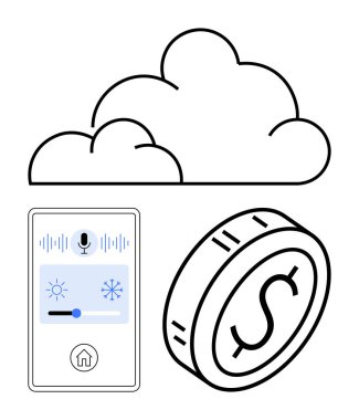 Bulut grafiği, mobil ses kontrol arayüzü dolar işaretli bozuk para. Teknolojik yenilik, veri güvenliği, yapay zeka, dijital ödemeler, IoT fintech modern ekosistemler için idealdir. Soyut çizgi düz metafor