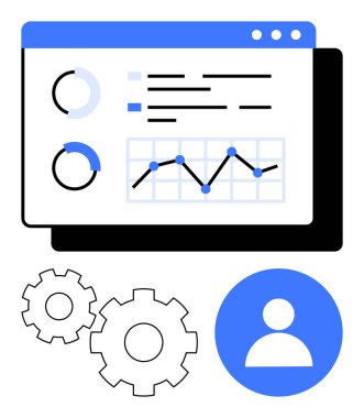 Veri analizini, ayarlarını ve kullanıcı yönetimini temsil eden grafik, çizgi grafiği, vites ve kullanıcı profili simgesiyle etkileşimli bir panel. İş, finans ve teknik işlemler için ideal pazarlama