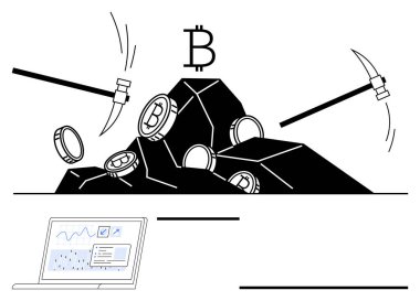 Kayalardan Bitcoin paraları ve kripto para analizlerini gösteren bir dizüstü bilgisayar çıkaran madencilik araçları. Engelleme zinciri, kripto para birimi, madencilik, veri işleme, dijital ekonomi, yatırımlar için ideal