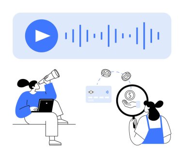 Teleskop kullanan bir adam ve büyüteçle para inceleyen bir kadın. Oynat tuşlu ses dalgası, kart aktarımı. Finans izleme, dijital analiz, fintech, online için ideal