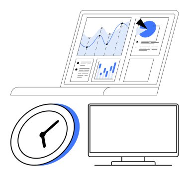 Analitiği grafik ve pasta grafiğiyle gösteren dizüstü bilgisayar. Aşağıda duvar saati ve masaüstü monitörü var. Zaman yönetimi, üretkenlik, iş analizi, dijital pazarlama, veri görselleştirme için ideal