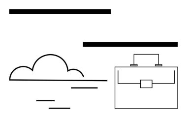 Çanta ve bulut temiz çizgilerle birbirine bağlanmış, modern iş hareketliliğini çağrıştırıyor. Ticari yenilik, uzak çalışma, teknoloji, üretkenlik, denge, basitlik, soyut düz metafor için ideal