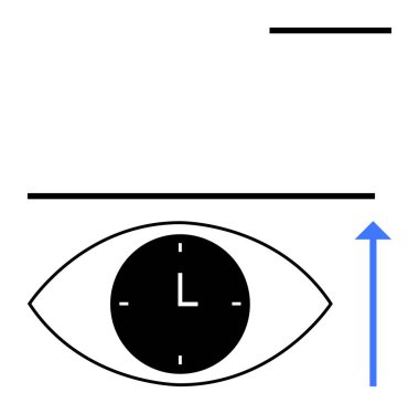 İçinde saat olan göz, zamanı, odaklanmayı ve verimliliği simgeler. Mavi yukarı doğru ok ve siyah çizgiler büyüme, yenilik ve ilerlemeyi gösteriyor. Üretkenlik, odaklanma, zaman büyüme yeniliği için ideal