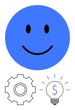 Mavi mutlu yüz pozitifliği vurgular, vites işi ya da süreci sembolize eder, dolar işaretli ampul ise fikirleri ya da finansal başarıyı. Yenilik için ideal, üretkenlik, yaratıcılık, iş