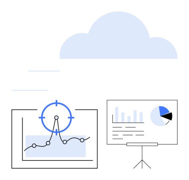 Odak işaretleyici, bulut grafikleri ve veri sunum tablosu eğilimleri ve analizleri vurguluyor. İş stratejisi, veri analizi, bulut çözümleri, iletişim, takım çalışması, eğitim için ideal