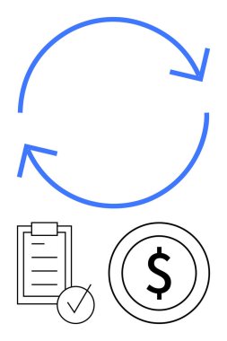 Yuvarlak mavi oklar, kontrol listesi ve altındaki dolar paralarıyla süreçleri temsil ediyor. Finans, iş akışı, planlama, üretkenlik, yatırım, iş stratejileri, soyut düz çizgi metaforu için ideal