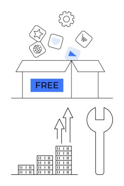 FREE etiketli açık kutu dijital ikonlar dökülüyor, bar tablosunun üzerinde binalar ve ingiliz anahtarıyla yukarı doğru ok atılıyor. Yenilik için ideal, iş büyümesi, üretkenlik, ücretsiz araçlar, gelişme, strateji soyut