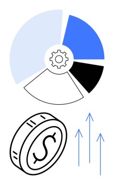 Vitesli turta tablosu, madeni para simgesi ve finansal ilerlemeyi vurgulayan üç ok. Yatırım, iş stratejisi, analitik, büyüme, başarı, karlılık, soyut çizgi için ideal