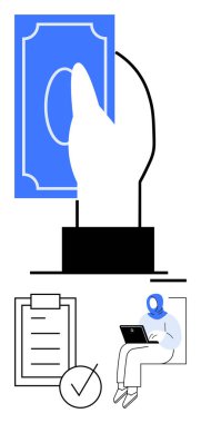 Elinde bir banknot, işaretli kontrol listesi olan bir pano ve dizüstü bilgisayar kullanan biri. Finans, üretkenlik, uzaktan çalışma, planlama, görevler, gelir soyut çizgisi düz metafor için ideal