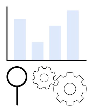 Üç mavi çubuklu çubuk grafik, büyüteç ve veri analizi ve optimizasyonu temsil eden iki vites. İş, analitik, araştırma, strateji, üretkenlik ve süreç iyileştirmesi için ideal