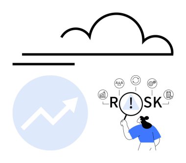 Cloud computing, upward trend graph, magnifying glass highlighting risk with icons for data, people, and processes. Ideal for risk management, data analysis, cloud computing, business strategy IT clipart