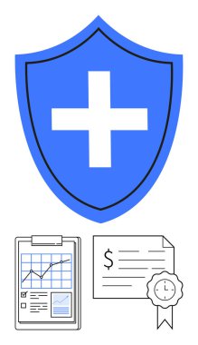 Mavi rozet tıbbi haçla süslenmiş, dosya ve istatistikler, mühür ve dolar işareti olan sertifika. Sigorta, koruma, sağlık, finans ve sertifika için ideal