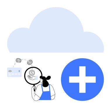 Büyüteç altında finansal verileri inceleyen kişi, bulut deposuna bitişik, dağınık para birimi simgeleri, kredi kartı ve mavi artı işareti. Finans, veri analizi ve bulut hesaplaması için ideal