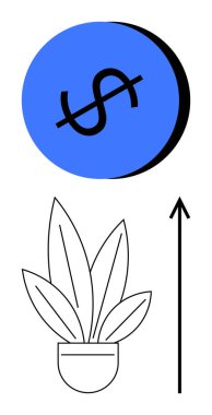 Blue circle with dollar sign abstract plant pot upward arrow. Ideal for finance, growth, sustainability, investment, economics, prosperity, metaphorical progress. Line metaphor clipart