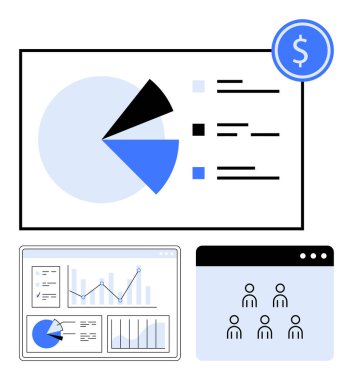 Turta tablosu ve istatistikler, grafikli analitik gösterge paneli ve kullanıcı simgeleri iş görüşlerini temsil ediyor. Veri analizi, raporlama, takım çalışması, strateji, finans, görselleştirme soyut çizgisi için ideal