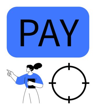 Büyük mavi Ödeme tuşu, tableti gösteren ve tutan kişi, yanındaki hedef halka simgesi. Ödeme için ideal, çevrimiçi işlemler, finans hizmetleri, kullanıcı arayüzü tasarımı, e-ticaret, fintech işi